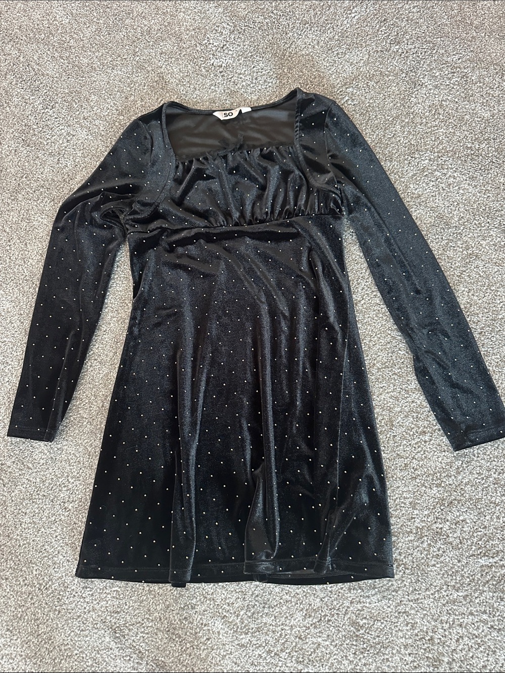 SO Black Velvet Long Sleeve Mini Dress with Sparkling Studs